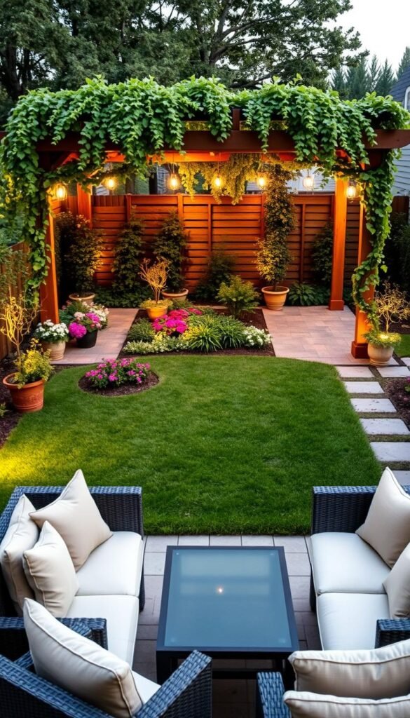 A meticulously planned backyard layout, showcasing a harmonious blend of functionality and aesthetic appeal. In the foreground, a neatly arranged patio set with plush outdoor furniture invites guests to relax and unwind. The middle ground features a well-manicured lawn, dotted with vibrant flower beds and strategically placed potted plants, creating a lush, inviting atmosphere. In the background, a wooden pergola adorned with cascading vines casts a warm, natural glow, complemented by the soft illumination of strategically placed outdoor lighting. The overall composition reflects a thoughtful, purposeful design, balancing form and function to create an enchanting outdoor entertaining space.