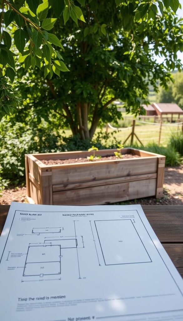 A meticulously planned raised garden bed, crafted with sturdy railway sleepers, stands proudly against a backdrop of lush greenery. Sunlight filters through the leaves, casting a warm, natural glow over the scene. In the foreground, a detailed blueprint unfurls, showcasing the precise dimensions and layout of the raised bed, complete with carefully considered planting zones. The middle ground reveals the careful consideration of material selection, with the weathered, rustic sleepers complementing the verdant surroundings. In the distance, a picturesque country setting frames the harmonious composition, evoking a sense of tranquility and connection to the earth.