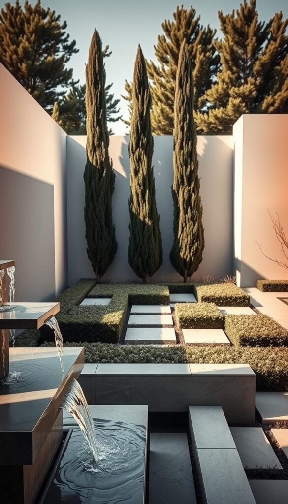 A minimalist geometric garden design featuring clean lines, symmetrical patterns, and a harmonious balance of shapes. In the foreground, a sleek, angular fountain with flowing water cascades down its tiered structure, creating a soothing ambiance. The middle ground showcases precisely trimmed hedges and neatly arranged flower beds in a palette of monochrome hues, evoking a sense of tranquility. The background is framed by towering, geometric-shaped trees and shrubs, casting long, dramatic shadows that accentuate the modern aesthetic. The scene is illuminated by warm, directional lighting, casting a serene glow over the entire composition. Captured through a wide-angle lens, the image conveys a refined, minimalist charm that embodies the essence of clean-lined, contemporary outdoor living.