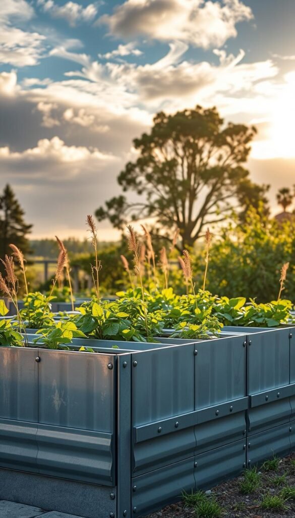 A modern, durable galvanized steel garden bed structure set against a serene natural backdrop. The beds are constructed with thick, corrosion-resistant galvanized steel panels, arranged in a stylish grid layout. Warm, diffused sunlight filters through wispy clouds, casting gentle shadows across the sturdy metal surfaces. The beds are raised to waist-height, facilitating easy access and maintenance. Lush, verdant plants spill over the edges, adding a touch of organic texture to the predominantly metal composition. An atmosphere of rustic elegance and timeless strength permeates the scene.