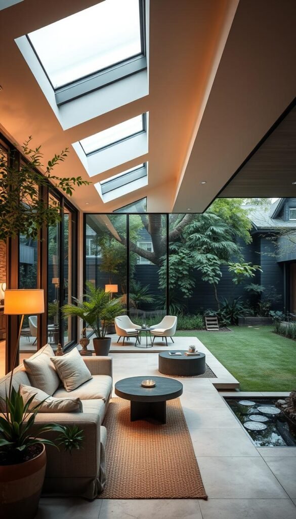 A modern, light-filled interior seamlessly blending with a lush, verdant outdoor living space. Large, floor-to-ceiling windows create a sense of cohesion, allowing natural light to flow between the two realms. A cozy seating area with plush, neutral-toned furnishings is positioned near the boundary, inviting inhabitants to move fluidly between indoors and out. Potted plants, hanging greenery, and a small water feature in the backyard garden add a serene, natural ambiance. The scene is captured with a wide-angle lens, emphasizing the effortless integration of the interior and exterior environments. Soft, diffused lighting from skylights and strategically placed lamps creates a warm, tranquil atmosphere, perfect for relaxation and entertaining.