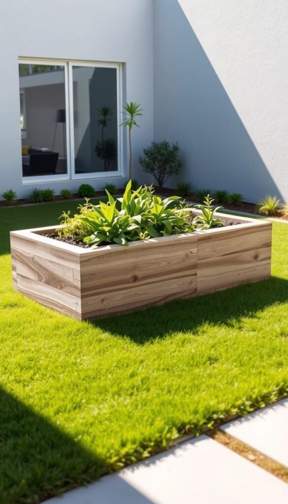 A modern, minimalist raised garden bed rests atop a neatly manicured lawn, its clean lines and simple, geometric form blending seamlessly with the contemporary yard. The bed is crafted from sleek, weathered wood, its natural tones complementing the lush, verdant plants that spill over its edges. Bright, natural light filters in from the side, casting soft shadows and highlighting the textural details of the materials. The overall scene exudes a sense of understated elegance and tranquility, embodying the essence of a minimalist, yet stylish outdoor oasis.