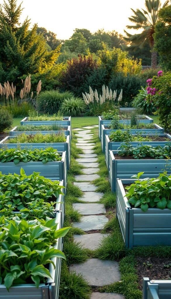 A modern raised garden bed made of galvanized steel, set in a lush, well-designed outdoor space. The beds are arranged in a flexible, modular layout, allowing for customization and adaptation to the user's needs. The foreground showcases the clean, sleek lines of the metal frames, contrasted by the vibrant greenery of the plants spilling over the edges. In the middle ground, a path of natural stone pavers winds through the beds, inviting exploration. The background features a mix of tall grasses, flowering shrubs, and mature trees, creating a serene, nature-inspired atmosphere. Warm, diffused lighting casts a soft, golden glow over the entire scene, enhancing the rustic, farmhouse aesthetic.