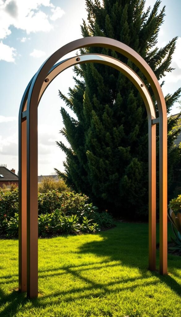 A modern, stylized arch trellis design with clean lines and geometric forms. The structure stands in a lush, verdant garden setting, casting intricate shadows on the ground below. Warm, directional lighting highlights the trellis's sleek, powder-coated metal frame, which forms a graceful, arched silhouette against a bright, cloudless sky. The design seamlessly blends functionality and aesthetic appeal, creating an inviting focal point for climbing vines and flowering plants to flourish. Captured at a low angle, the trellis appears elegant and imposing, its minimalist aesthetic complementing the naturalistic surroundings. A modern, stylized arch trellis design with clean lines and geometric forms. The structure stands in a lush, verdant garden setting, casting intricate shadows on the ground below. Warm, directional lighting highlights the trellis's sleek, powder-coated metal frame, which forms a graceful, arched silhouette against a bright, cloudless sky. The design seamlessly blends functionality and aesthetic appeal, creating an inviting focal point for climbing vines and flowering plants to flourish. Captured at a low angle, the trellis appears elegant and imposing, its minimalist aesthetic complementing the naturalistic surroundings.