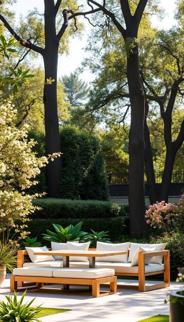 A modern, well-designed outdoor convertible furniture piece, situated in a lush, sun-dappled garden. A sleek, minimalist sofa with clean lines and a light, natural wood frame effortlessly transitions into a comfortable dining bench. Plush, neutral-toned cushions invite relaxation, while the furniture's modular design allows for flexible reconfiguration to suit diverse needs - from an intimate conversation nook to a casual al fresco dining area. Warm, directional lighting casts a gentle glow, creating a inviting, cozy ambiance. The scene is framed by towering trees and blooming flora, showcasing the seamless integration of the furniture piece with its picturesque natural surroundings.