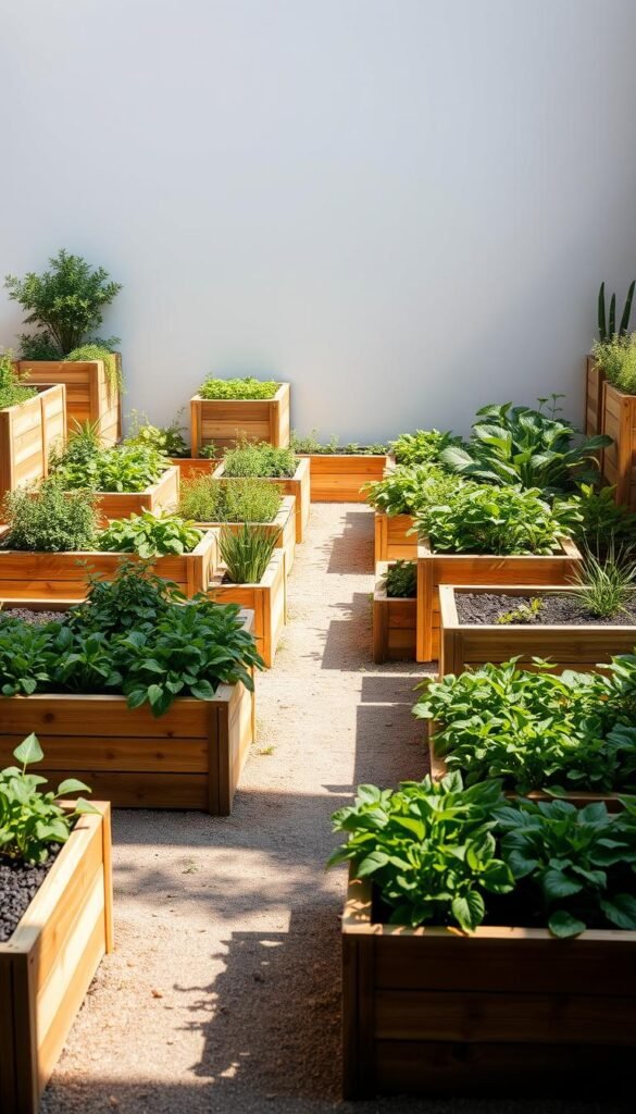 A modular arrangement of raised garden beds constructed with natural wooden boxes, arranged in a harmonious layout. The beds are illuminated by soft, diffused natural lighting, casting gentle shadows across the scene. The boxes are filled with lush, verdant foliage, showcasing a thriving urban garden. The middle ground features a path winding through the beds, inviting exploration. In the background, a clean, minimalist backdrop provides a simple, uncluttered setting, allowing the garden's beauty to take center stage. The overall composition emphasizes the versatility and aesthetic appeal of modular box garden beds, as an effective solution for urban gardening.