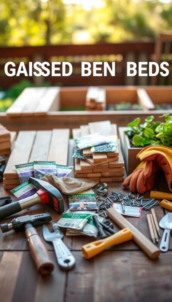 A neatly arranged assortment of essential tools and materials for constructing DIY raised garden beds. In the foreground, a variety of hand tools such as a hammer, saw, screwdriver, and trowel are displayed on a wooden surface, complemented by packets of soil, seeds, and gardening gloves. In the middle ground, wooden planks, screws, and nails are meticulously organized, hinting at the construction process. The background features a softly blurred natural setting, evoking a serene outdoor environment suitable for growing a thriving raised bed garden. Warm, natural lighting illuminates the scene, creating a welcoming and inspirational atmosphere for the DIY gardener.