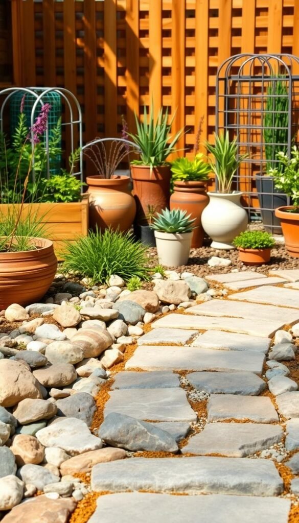 A neatly arranged collection of cohesive garden design materials, featuring a variety of textures and materials in a harmonious color palette. In the foreground, smooth river rocks and natural stone pavers create a visually appealing path leading through a lush, well-manicured garden. The middle ground showcases a mix of wooden planters, ceramic pots, and metal trellises, all complementing each other in an aesthetically pleasing manner. In the background, a wooden fence or trellis serves as a backdrop, accentuating the overall cohesive design. The lighting is warm and natural, casting gentle shadows and highlighting the various materials. The scene conveys a sense of balance, creativity, and attention to detail, reflecting the "Enhancing Curb Appeal with Innovative Garden Designs" theme. A neatly arranged collection of cohesive garden design materials, featuring a variety of textures and materials in a harmonious color palette. In the foreground, smooth river rocks and natural stone pavers create a visually appealing path leading through a lush, well-manicured garden. The middle ground showcases a mix of wooden planters, ceramic pots, and metal trellises, all complementing each other in an aesthetically pleasing manner. In the background, a wooden fence or trellis serves as a backdrop, accentuating the overall cohesive design. The lighting is warm and natural, casting gentle shadows and highlighting the various materials. The scene conveys a sense of balance, creativity, and attention to detail, reflecting the "Enhancing Curb Appeal with Innovative Garden Designs" theme.