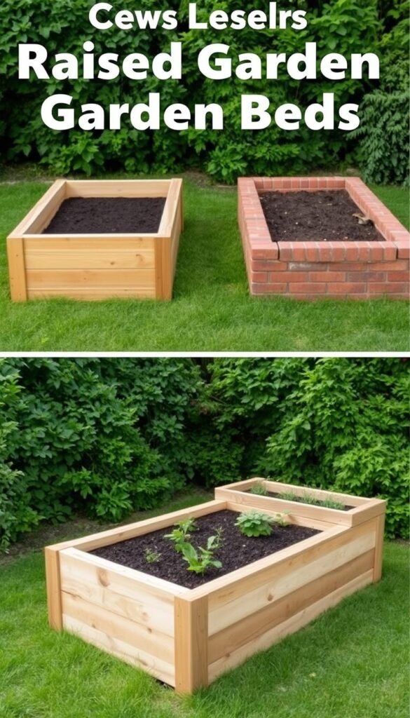 A neatly arranged comparison of two distinct raised garden bed styles - a simple wooden box and a sturdy brick structure, set against a backdrop of lush greenery. The beds are illuminated by soft, natural lighting, showcasing their intricate textures and materials. The composition emphasizes the contrasting designs, inviting the viewer to closely examine the unique features of each option. The scene exudes a sense of tranquility and invites the observer to envision the possibilities of creating their own personalized raised garden beds.