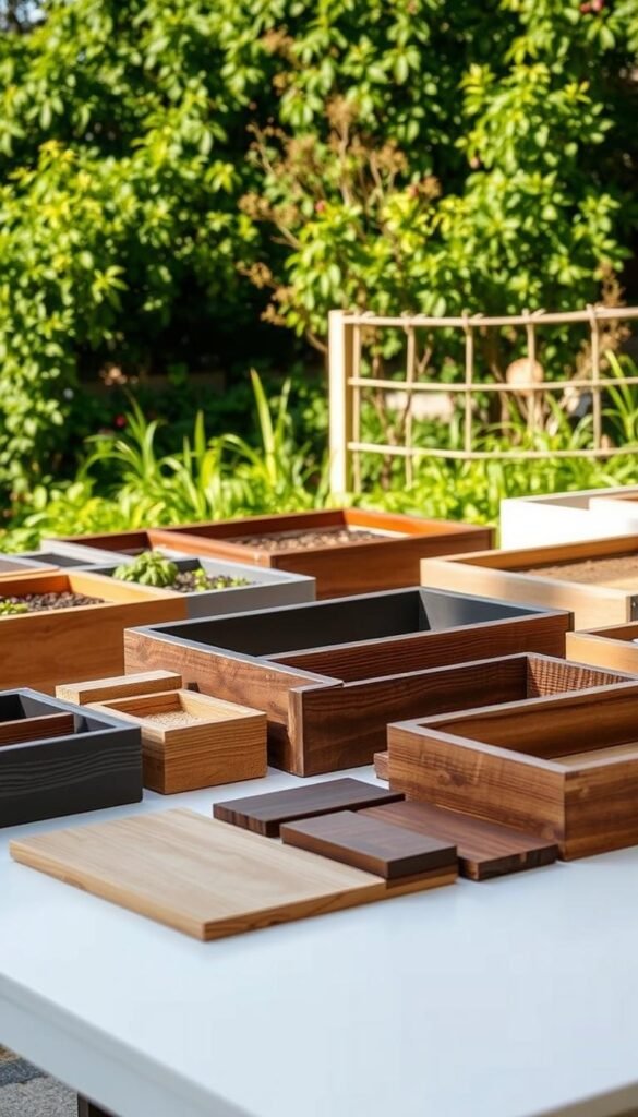 A neatly arranged display of diverse raised garden bed materials, showcasing a variety of options. In the foreground, a clean, well-lit tabletop showcases various wood, metal, and plastic samples, each with distinct textures and finishes. The middle ground features a lush, verdant backdrop, hinting at the thriving garden setting these beds would inhabit. Warm, natural lighting casts subtle shadows, highlighting the materials' unique properties. The overall mood is one of informative clarity, inviting the viewer to closely examine and compare the different raised bed options.