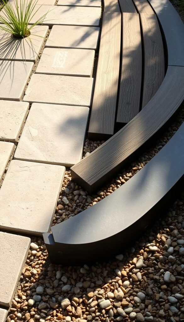 A neatly arranged display of quintessential hardscaping elements: smooth stone pavers, rustic wooden planks, sturdy metal edging, and a selection of decorative gravel in earthy tones. The scene is bathed in warm, natural light, creating subtle shadows and highlights that accentuate the textures and materiality. The composition is balanced and harmonious, inviting the viewer to imagine how these essential components might be thoughtfully incorporated into a well-designed garden or outdoor living space. The overall mood is one of practical elegance, showcasing the beauty and functionality that can be achieved through careful hardscaping choices.