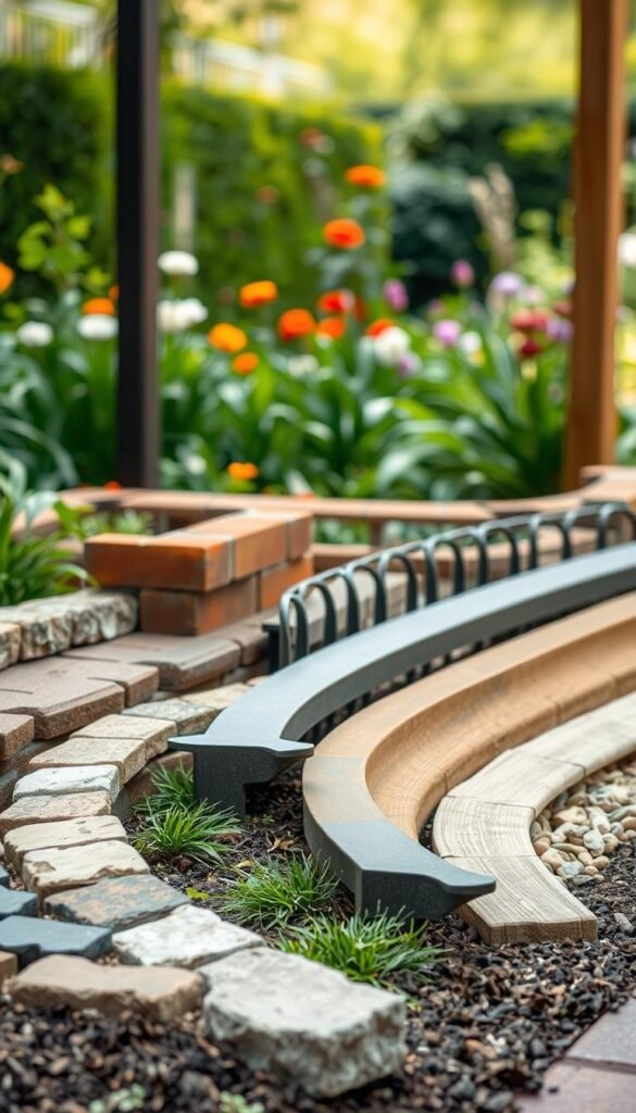 A neatly arranged display of various garden edging materials in a well-lit, natural setting. In the foreground, a selection of edging options including stone, brick, metal, and wooden borders. The middle ground showcases the textures and patterns of these materials, with a focus on their durability and aesthetic appeal. The background features a lush, vibrant garden, hinting at how these edging solutions can enhance the overall landscape. The lighting is soft and diffused, creating a warm, inviting atmosphere that highlights the natural tones and textures of the edging materials. The camera angle is slightly elevated, providing a comprehensive view of the diverse edging options available for the discerning gardener.