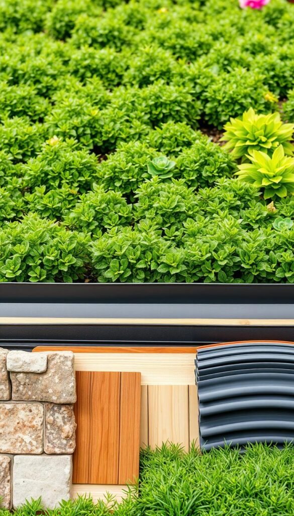 A neatly arranged display of various garden edging materials, showcasing their distinct textures, colors, and profiles. The foreground features an array of samples, including rustic stone pavers, sleek metal borders, natural wood planks, and flexible plastic strips. The middle ground presents a lush, verdant backdrop of manicured garden beds, highlighting how these edging options would complement different landscaping styles. Crisp, even lighting from above illuminates the materials, allowing their nuanced details to shine. The overall composition conveys a sense of carefully curated options, guiding the viewer to make an informed decision on the most suitable edging solution for their garden.