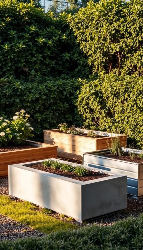 A neatly arranged garden bed display showcasing three different materials - concrete, wood, and galvanized steel. The concrete bed is smooth and sleek, with clean lines. The wooden bed has a natural, rustic charm. The galvanized steel bed adds an industrial touch. The beds are set against a lush, verdant backdrop, with soft, diffused lighting casting warm shadows. The scene is captured from a slightly elevated angle, creating a sense of depth and emphasizing the textural contrast between the materials. The overall mood is one of calm contemplation, inviting the viewer to compare the unique qualities and suitability of each garden bed option. A neatly arranged garden bed display showcasing three different materials - concrete, wood, and galvanized steel. The concrete bed is smooth and sleek, with clean lines. The wooden bed has a natural, rustic charm. The galvanized steel bed adds an industrial touch. The beds are set against a lush, verdant backdrop, with soft, diffused lighting casting warm shadows. The scene is captured from a slightly elevated angle, creating a sense of depth and emphasizing the textural contrast between the materials. The overall mood is one of calm contemplation, inviting the viewer to compare the unique qualities and suitability of each garden bed option.