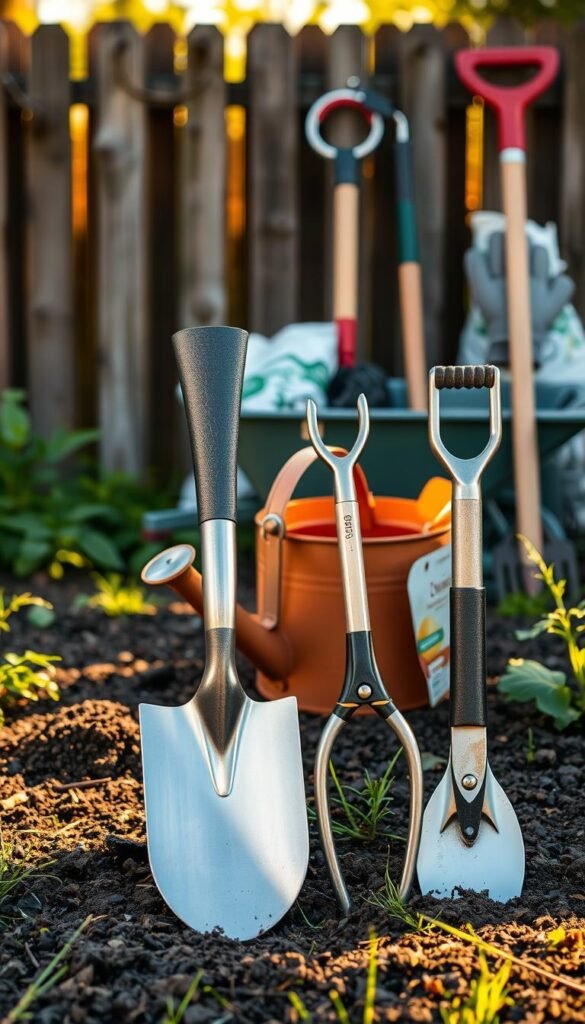 A neatly arranged garden bed tool set, bathed in warm, natural lighting. In the foreground, a spade, trowel, and pruning shears, their metal surfaces gleaming. In the middle ground, a watering can and small garden fork stand upright, complemented by a bag of potting soil and a pair of gardening gloves. In the background, a small wheelbarrow and a rake lean against a rustic wooden fence, hinting at the broader workspace. The overall scene conveys a sense of organized preparedness, ready to tackle the tasks of cultivating a thriving backyard garden. A neatly arranged garden bed tool set, bathed in warm, natural lighting. In the foreground, a spade, trowel, and pruning shears, their metal surfaces gleaming. In the middle ground, a watering can and small garden fork stand upright, complemented by a bag of potting soil and a pair of gardening gloves. In the background, a small wheelbarrow and a rake lean against a rustic wooden fence, hinting at the broader workspace. The overall scene conveys a sense of organized preparedness, ready to tackle the tasks of cultivating a thriving backyard garden.