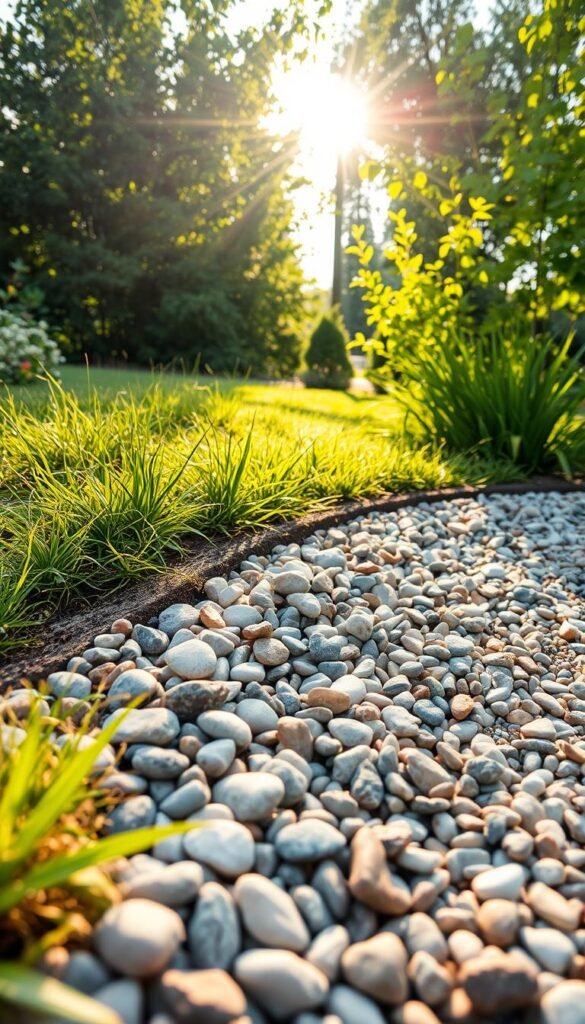 A neatly arranged gravel garden edge, with smooth pebbles in varying shades of gray and beige, creating a natural and textured border. The gravel gently slopes down, allowing for effortless water drainage and preventing soil erosion. Sunlight filters through lush, green foliage, casting warm, soft shadows across the well-tended garden. The edge seamlessly blends into the surrounding landscape, showcasing the practical and aesthetic benefits of this low-maintenance solution. Captured with a wide-angle lens, the image conveys a sense of tranquility and balance, highlighting the advantages of a gravel garden edge for easy maintenance and improved drainage.