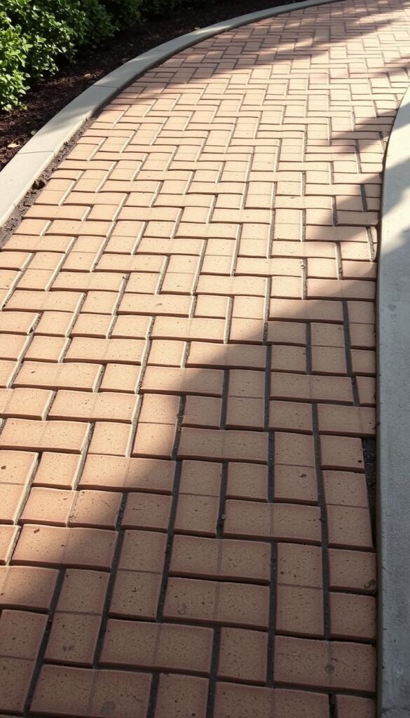 A neatly arranged paver stone pathway with symmetrical patterns, bordered by a crisp concrete edging. The pavers are laid in an intricate herringbone design, their warm, earthy tones contrasting beautifully with the cool, sleek concrete. The scene is illuminated by soft, diffused natural lighting, casting gentle shadows that accentuate the clean lines and precise geometry. The overall atmosphere exudes a sense of order, durability, and timeless elegance, perfectly suited for a formal garden setting.