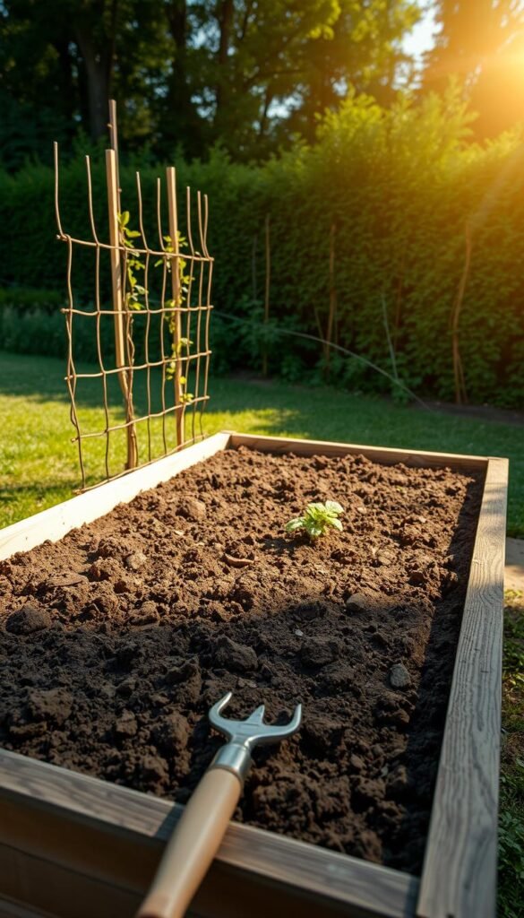 A neatly arranged raised garden bed, its soil meticulously tilled and enriched, ready to support a sturdy trellis system. In the foreground, gardening tools lay strategically placed, hinting at the preparation work just completed. Overhead, the sun casts a warm, golden glow, illuminating the scene with a sense of optimism and productivity. In the background, a lush green landscape provides a serene backdrop, emphasizing the tranquil setting ideal for cultivating thriving climbing plants. The camera angle captures the bed at a slight elevation, allowing the viewer to appreciate the thoughtful planning and attention to detail evident in this well-crafted raised bed, primed and waiting to host a vibrant trellis-supported garden. A neatly arranged raised garden bed, its soil meticulously tilled and enriched, ready to support a sturdy trellis system. In the foreground, gardening tools lay strategically placed, hinting at the preparation work just completed. Overhead, the sun casts a warm, golden glow, illuminating the scene with a sense of optimism and productivity. In the background, a lush green landscape provides a serene backdrop, emphasizing the tranquil setting ideal for cultivating thriving climbing plants. The camera angle captures the bed at a slight elevation, allowing the viewer to appreciate the thoughtful planning and attention to detail evident in this well-crafted raised bed, primed and waiting to host a vibrant trellis-supported garden.