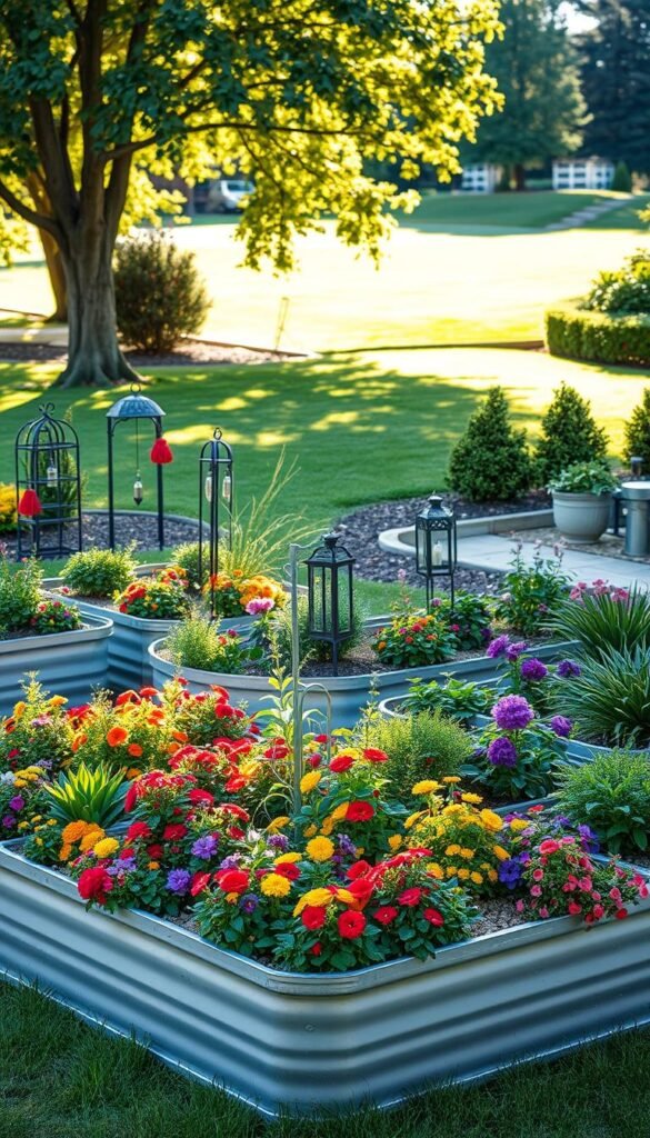 A neatly arranged raised garden bed made of galvanized steel, showcasing a variety of customizable design options. In the foreground, a lush, colorful array of flourishing plants and flowers in various shapes and sizes. The middle ground features strategically placed trellises, ornamental borders, and a selection of garden decor elements like lanterns and wind chimes. The background depicts a serene outdoor setting with a well-manicured lawn, mature trees, and a glimpse of a cozy patio or seating area. The lighting is soft and natural, with the sun's rays casting a warm, golden glow across the scene. The composition emphasizes the versatility and aesthetic appeal of the customizable raised garden bed design. A neatly arranged raised garden bed made of galvanized steel, showcasing a variety of customizable design options. In the foreground, a lush, colorful array of flourishing plants and flowers in various shapes and sizes. The middle ground features strategically placed trellises, ornamental borders, and a selection of garden decor elements like lanterns and wind chimes. The background depicts a serene outdoor setting with a well-manicured lawn, mature trees, and a glimpse of a cozy patio or seating area. The lighting is soft and natural, with the sun's rays casting a warm, golden glow across the scene. The composition emphasizes the versatility and aesthetic appeal of the customizable raised garden bed design.