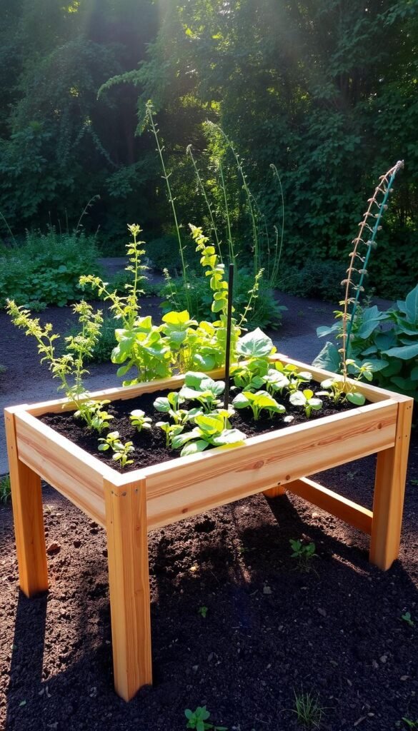 A neatly arranged raised garden bed stands at waist height, its wooden frame and planters bathed in warm, diffused sunlight filtering through a lush, verdant backdrop. The bed's ergonomic design features gently sloping sides, allowing for comfortable, effortless access to the plants. The soil is rich and dark, inviting the gardener to tend to their crops with ease. A sense of tranquility and productivity permeates the scene, as the raised design creates an inviting workspace for cultivating a bountiful harvest.