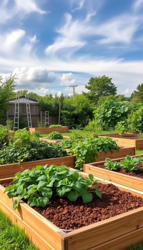 A neatly arranged set of raised garden beds in a lush, well-tended backyard. The beds are constructed with warm-toned, weathered wood, their edges cleanly defined against the rich, loamy soil. A variety of thriving plants and vegetables spill over the sides, creating a sense of abundance and vitality. Soft, natural lighting filters through wispy clouds, casting gentle shadows and highlights that accentuate the organic textures. The scene conveys a serene, inviting atmosphere, where one can imagine the joys of cultivating a bountiful, personalized outdoor oasis.