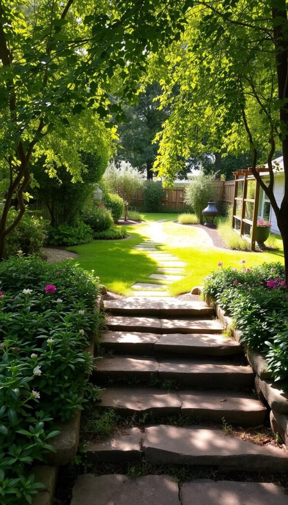 A neatly landscaped garden with a paved pathway leading through lush greenery. In the foreground, a set of stone steps ascend gently, their weathered surface inviting exploration. Surrounding the steps, a variety of flowering plants and shrubs create a natural, organic border. Dappled sunlight filters through the canopy of trees overhead, casting a warm, golden glow across the scene. The middle ground features a well-manicured lawn, dotted with strategically placed garden beds and ornamental features. In the distance, a wooden fence or trellis frames the composition, hinting at the larger garden beyond. The overall atmosphere is one of tranquility and thoughtful design, reflecting the owner's personal style and connection to the natural world. A neatly landscaped garden with a paved pathway leading through lush greenery. In the foreground, a set of stone steps ascend gently, their weathered surface inviting exploration. Surrounding the steps, a variety of flowering plants and shrubs create a natural, organic border. Dappled sunlight filters through the canopy of trees overhead, casting a warm, golden glow across the scene. The middle ground features a well-manicured lawn, dotted with strategically placed garden beds and ornamental features. In the distance, a wooden fence or trellis frames the composition, hinting at the larger garden beyond. The overall atmosphere is one of tranquility and thoughtful design, reflecting the owner's personal style and connection to the natural world.