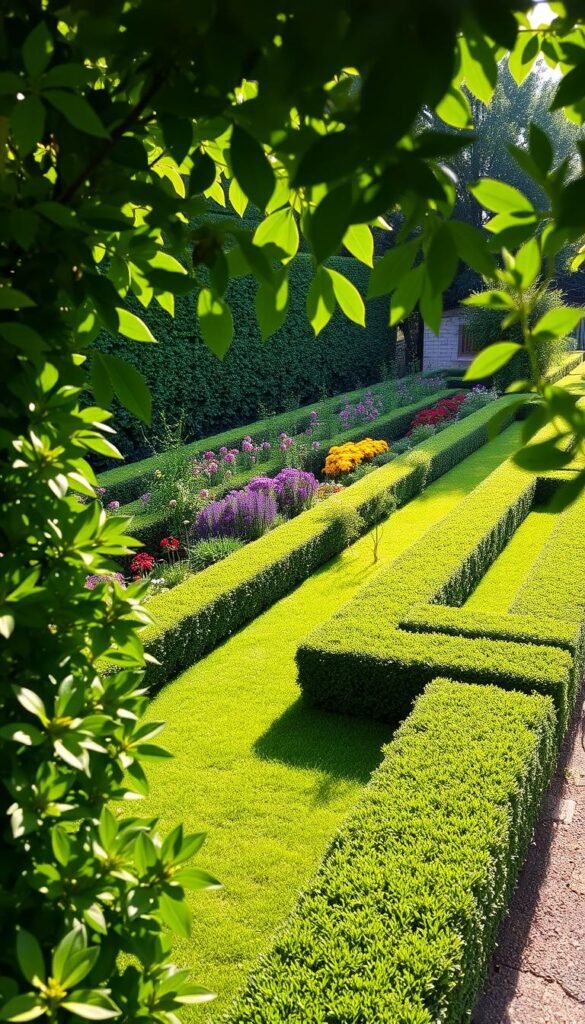 A neatly manicured formal garden border, its edges precisely trimmed into symmetrical patterns. Lush green foliage frames the scene, creating a sense of order and tranquility. Gentle sunlight filters through the leaves, casting soft shadows that accentuate the clean lines. The border's meticulously arranged plants stand tall, their vibrant colors and uniform shapes reflecting the careful hand of the gardener. A sense of harmony and balance pervades the image, inviting the viewer to appreciate the artistry and discipline of formal garden design.