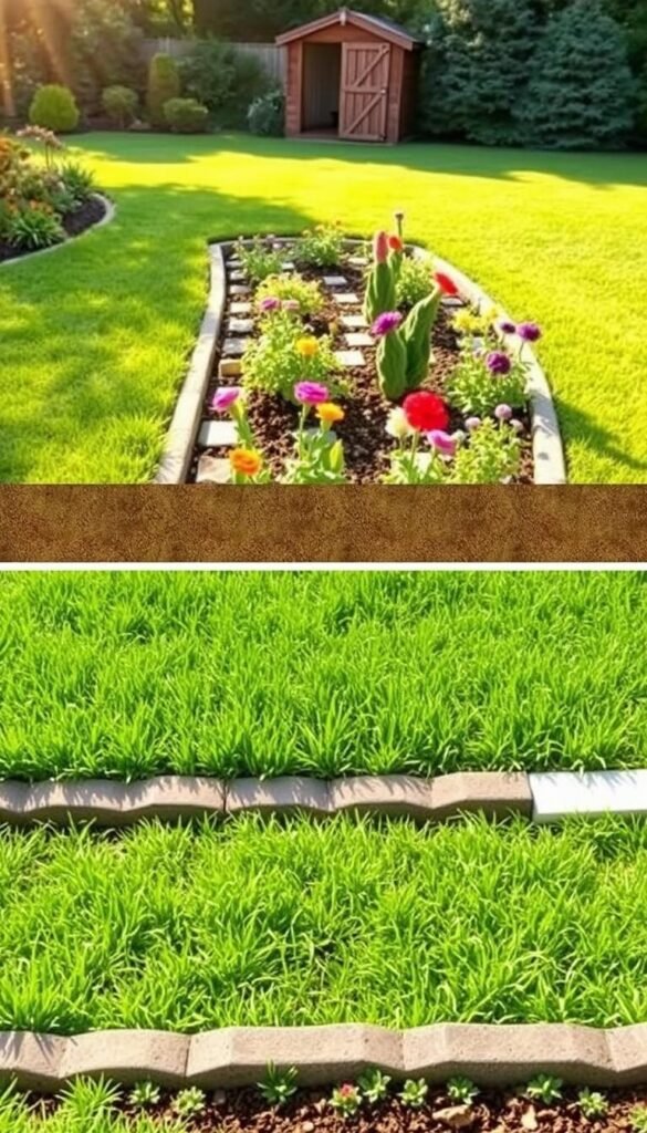 A neatly manicured garden, the sun's warm glow casting a soft light across the lush greenery. In the foreground, two distinct DIY garden edging techniques are showcased - a deep, precisely dug trench with neat, squared-off edges, and a clean, linear strip of edging material laid atop the soil. The middle ground features a variety of vibrant, blooming flowers and plants, their colors complementing the earthy tones of the edging. The background offers a sense of depth, with a well-maintained lawn and a picturesque wooden fence or shed in the distance. The overall scene conveys a serene, inviting atmosphere, highlighting the simplicity and effectiveness of these easy-to-implement DIY edging methods. A neatly manicured garden, the sun's warm glow casting a soft light across the lush greenery. In the foreground, two distinct DIY garden edging techniques are showcased - a deep, precisely dug trench with neat, squared-off edges, and a clean, linear strip of edging material laid atop the soil. The middle ground features a variety of vibrant, blooming flowers and plants, their colors complementing the earthy tones of the edging. The background offers a sense of depth, with a well-maintained lawn and a picturesque wooden fence or shed in the distance. The overall scene conveys a serene, inviting atmosphere, highlighting the simplicity and effectiveness of these easy-to-implement DIY edging methods.