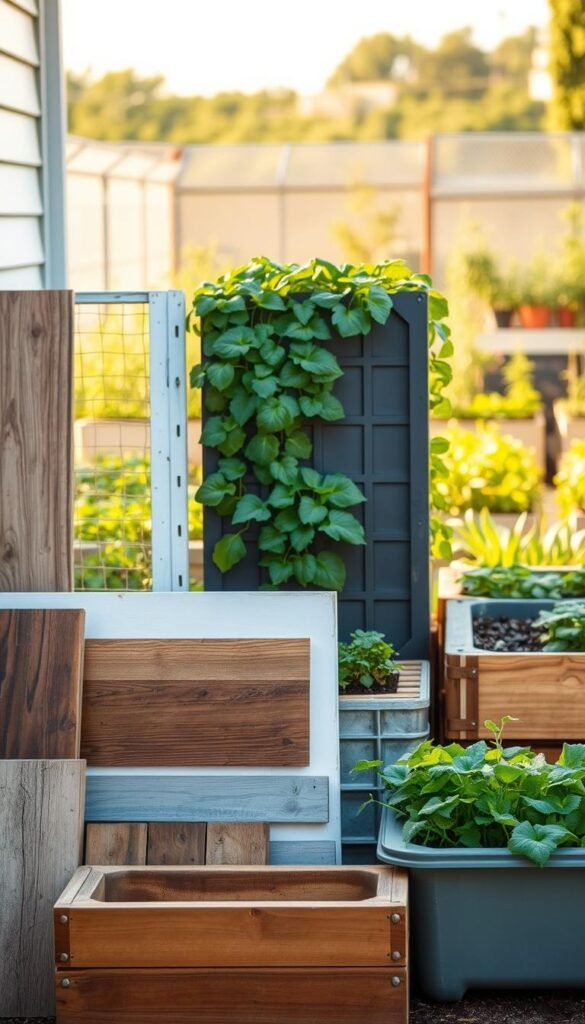 A neatly organized outdoor scene showcasing a variety of raised bed materials. In the foreground, an assortment of wooden planks, galvanized steel sheets, and recycled plastic containers are displayed side-by-side, highlighting their unique textures and finishes. The middle ground features lush, thriving vegetable plants cascading over the edges, emphasizing the practical functionality of the raised beds. In the background, a well-tended garden landscape with flourishing plants and a warm, golden afternoon light creates a serene, inviting atmosphere. The image conveys a sense of careful consideration in selecting the most suitable materials for a personalized raised bed garden.