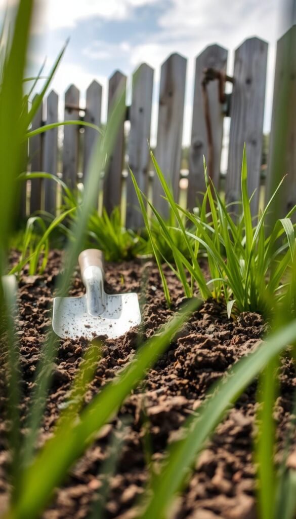 A neatly tilled garden bed, the soil rich and crumbly, ready to receive new life. In the foreground, a small spade rests atop the freshly turned earth, its metal gleaming in the soft, diffused sunlight filtering through wispy clouds. Lush, verdant grasses frame the scene, their delicate blades swaying gently in a light breeze. In the background, a weathered wooden fence, its natural texture adding depth and character to the composition. The overall mood is one of tranquility and anticipation, inviting the viewer to imagine the vibrant cottage blooms soon to be planted in this well-prepared, fertile soil.