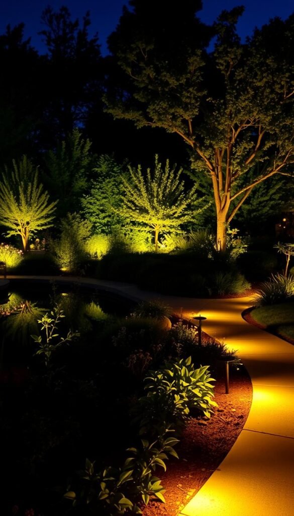A peaceful garden scene, illuminated by warm, ambient landscape lighting. In the foreground, a winding path lined with low-profile garden lights, casting a soft glow on the surrounding plants and flowers. In the middle ground, a tranquil water feature, its surface reflecting the gentle lights above. In the background, a lush, verdant border of trees and shrubs, their foliage accentuated by strategically placed uplights, creating a magical, enchanting atmosphere. The lighting is carefully designed to enhance both the safety and ambiance of the outdoor space, inviting visitors to explore and linger. The overall mood is one of serenity and enchantment, with the landscape lighting seamlessly integrated into the natural surroundings.