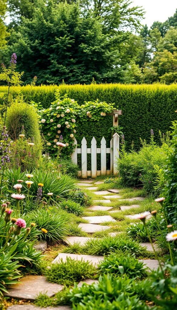 A quaint cottage garden pathway meanders through a lush, verdant landscape. The foreground features a charming stone-lined walkway, dotted with colorful wildflowers and lush, low-growing greenery. The middle ground showcases a delicate picket fence, enveloped in a tapestry of climbing vines and cascading blooms. In the background, a neatly trimmed low hedge frames the scene, creating a sense of depth and natural harmony. The lighting is soft and diffused, lending a warm, inviting atmosphere to the tranquil setting. Captured with a wide-angle lens, the image conveys a serene and inviting ambiance, perfectly suited to illustrate the "Integrating Pathways and Natural Borders" section of the article.