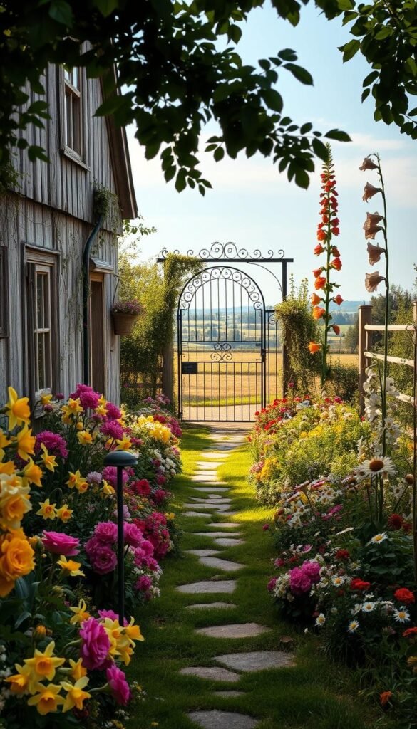 A quaint countryside cottage, its weathered exterior framed by a lush, vibrant cottage garden. Winding paths meander through an explosion of colorful blooms - fragrant roses, cheerful daffodils, and cascading vines. Towering hollyhocks and delicate daisies sway gently in the soft, golden light of a summer afternoon. In the distance, a wrought-iron garden gate opens onto a serene rural landscape, hinting at the rich history and enduring allure of these charming, naturalistic garden spaces. A timeless scene that evokes a sense of tranquility and the simple pleasures of country living.