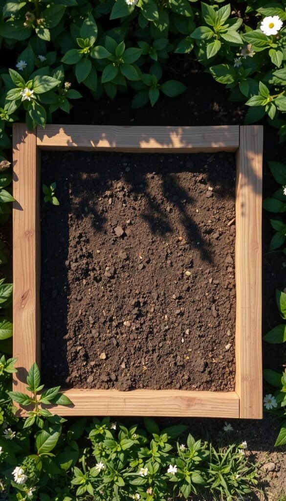 A raised garden bed design in a lush, natural setting, shot from an overhead perspective. The bed is constructed with weathered, wooden planks, its rectangular shape clearly defined. The interior is filled with rich, dark soil, ready for planting. Surrounding the bed, verdant foliage and delicate flowers create a serene, inviting atmosphere. Warm, diffused lighting casts gentle shadows, highlighting the textures and dimensions of the raised structure. The overall composition conveys a sense of tranquility and a connection to the earth, perfectly suited for a section on designing an efficient, visually appealing raised garden bed.