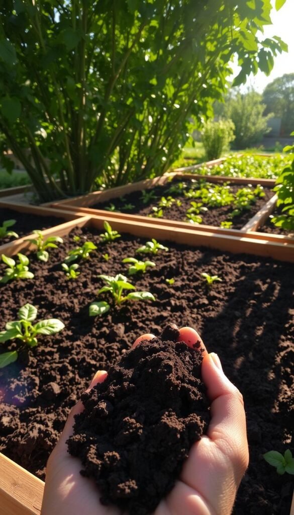 A raised garden bed filled with optimized, nutrient-rich soil, expertly tilled and aerated. The beds are framed by sturdy, weather-resistant wood, casting soft shadows across the lush, verdant earth. Sunlight filters through the canopy of leafy plants, creating a warm, inviting atmosphere. The soil is dark and crumbly, teeming with beneficial microorganisms that nourish the vibrant, thriving vegetation. In the foreground, a handful of soil is held, revealing its fertile, earthy composition. The image conveys the key features of a well-designed raised garden bed system - functionality, sustainability, and the beauty of a thriving, productive garden. A raised garden bed filled with optimized, nutrient-rich soil, expertly tilled and aerated. The beds are framed by sturdy, weather-resistant wood, casting soft shadows across the lush, verdant earth. Sunlight filters through the canopy of leafy plants, creating a warm, inviting atmosphere. The soil is dark and crumbly, teeming with beneficial microorganisms that nourish the vibrant, thriving vegetation. In the foreground, a handful of soil is held, revealing its fertile, earthy composition. The image conveys the key features of a well-designed raised garden bed system - functionality, sustainability, and the beauty of a thriving, productive garden.