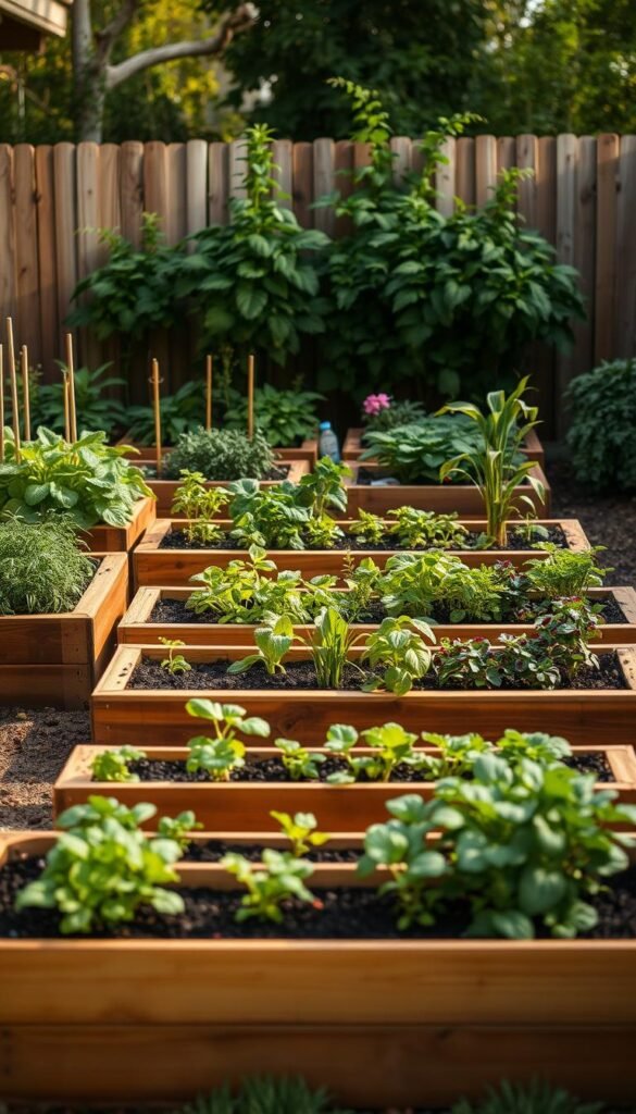 A raised garden bed layout showcasing an organized, high-yield design for a small backyard. The foreground features a series of raised planter boxes in varying sizes, strategically arranged to maximize growing space. The middle ground highlights lush, flourishing vegetation - a diverse array of vegetables, herbs, and flowers thriving in the well-tended beds. The background subtly suggests a peaceful, secluded setting, with a natural fence or trellis providing a harmonious backdrop. Warm, diffused lighting creates a serene, inviting atmosphere, accentuating the careful planning and attention to detail in this expertly crafted small-scale garden layout. A raised garden bed layout showcasing an organized, high-yield design for a small backyard. The foreground features a series of raised planter boxes in varying sizes, strategically arranged to maximize growing space. The middle ground highlights lush, flourishing vegetation - a diverse array of vegetables, herbs, and flowers thriving in the well-tended beds. The background subtly suggests a peaceful, secluded setting, with a natural fence or trellis providing a harmonious backdrop. Warm, diffused lighting creates a serene, inviting atmosphere, accentuating the careful planning and attention to detail in this expertly crafted small-scale garden layout.