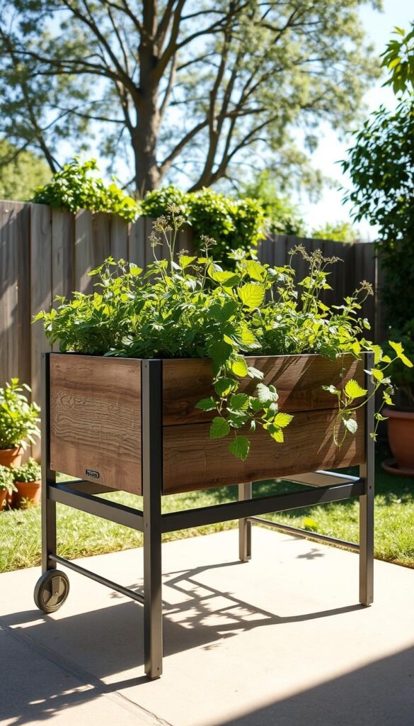 A raised garden bed on sturdy, wheeled frame, positioned in a bright, sunlit backyard. The planter is at waist-height, allowing for easy tending without bending or straining. Lush, verdant plants and herbs grow in the well-tended soil. A gentle breeze ruffles the foliage, casting dappled shadows. The frame is crafted from sleek, weathered wood and sturdy metal, seamlessly blending form and function. A sense of tranquility and joy pervades the scene, showcasing the benefits of elevated, accessible gardening for those with mobility challenges or limited space. A raised garden bed on sturdy, wheeled frame, positioned in a bright, sunlit backyard. The planter is at waist-height, allowing for easy tending without bending or straining. Lush, verdant plants and herbs grow in the well-tended soil. A gentle breeze ruffles the foliage, casting dappled shadows. The frame is crafted from sleek, weathered wood and sturdy metal, seamlessly blending form and function. A sense of tranquility and joy pervades the scene, showcasing the benefits of elevated, accessible gardening for those with mobility challenges or limited space.