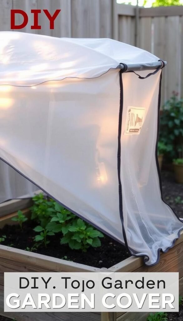 A raised garden bed with a custom-made, partially translucent cover made from materials like clear plastic sheeting, mesh netting, or repurposed fabric. The cover is securely attached to the bed frame, creating a protective enclosure that shields the plants from harsh weather, pests, and debris. Soft, diffused lighting filters through the cover, creating a serene, greenhouse-like atmosphere. The scene depicts the cover in a partially open position, revealing lush, thriving plants within the raised bed. The overall composition emphasizes the DIY nature of the project, showcasing the practical and customizable aspects of the garden cover design.