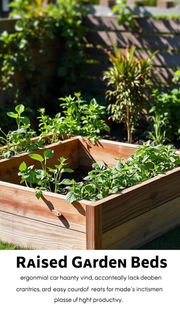A raised garden bed with an ergonomic design, featuring a U-shaped layout that allows for easy access and reach. The bed is constructed with sturdy, weathered wood, positioned at a comfortable height to minimize bending and strain. Lush, vibrant plants grow within the raised beds, their leaves and stems casting intricate shadows across the surface. Soft, diffused natural lighting illuminates the scene, creating a peaceful, inviting atmosphere. The background is blurred, allowing the focus to remain on the functional yet beautiful raised garden bed, showcasing its benefits for accessibility and high productivity.