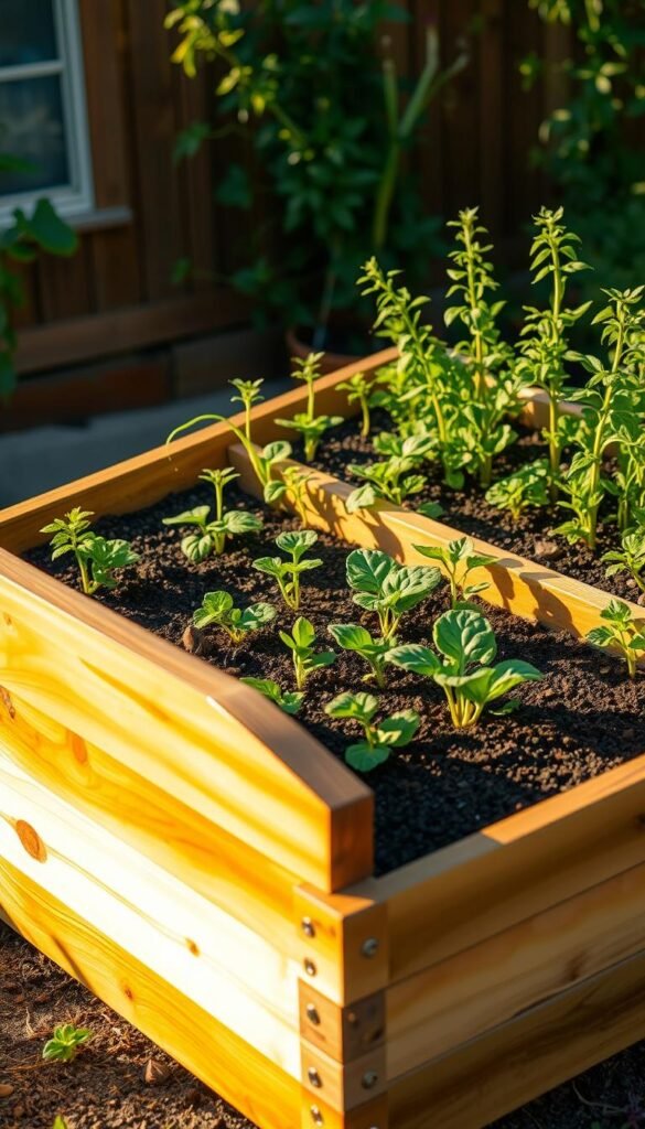 A raised garden bed with an ergonomic, elevated design, allowing for easy access and comfortable gardening. The bed features a sturdy, wooden frame with a gently sloping front edge, creating a gentle incline for the planting area. The middle section is slightly raised, with the sides tapering down to provide a comfortable working height. The bed is illuminated by warm, natural lighting, casting a soft glow on the well-tended soil and lush, thriving plants. The overall composition conveys a sense of ease and accessibility, inviting the viewer to engage in gardening with minimal strain on the body.