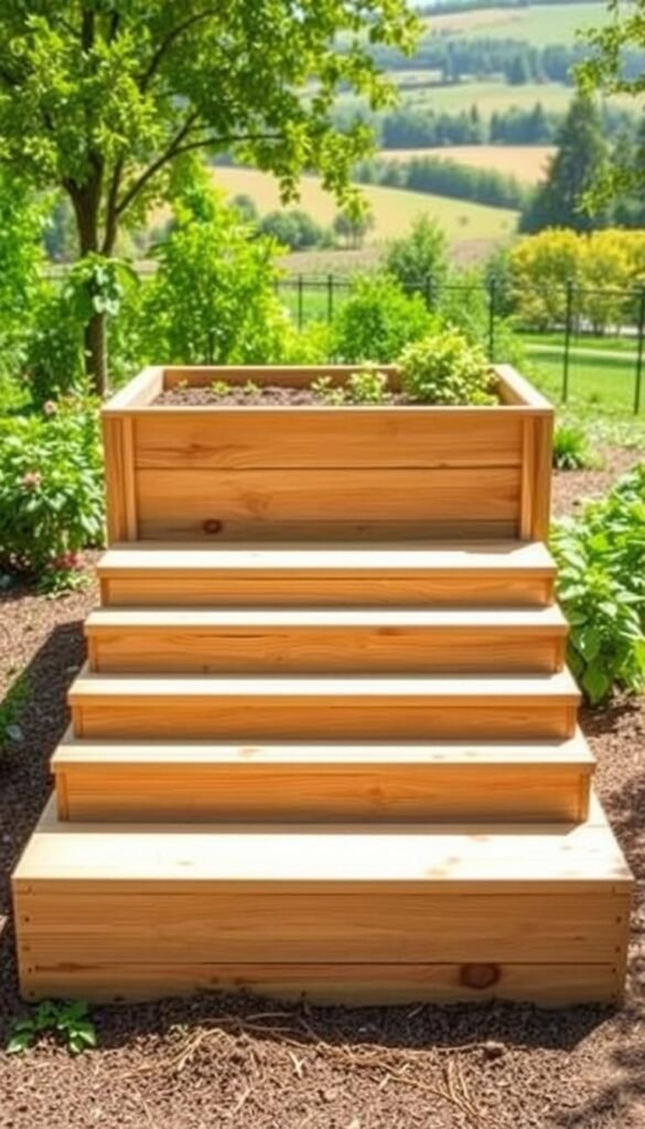 A raised garden bed with intricately designed steps leading up to it, situated in a lush, well-lit outdoor setting. The steps are constructed with natural wood planks, with each step carefully crafted to create a seamless and visually appealing ascent. The garden bed itself is positioned at an optimal height, allowing for easy access and comfortable gardening. The background features a verdant, sun-dappled landscape, with vibrant foliage and a hint of a tranquil countryside scene. The overall composition evokes a sense of harmony and practical functionality, perfectly suited for the "Step-by-Step Guide to Building Your Raised Garden Bed" section of the article.
