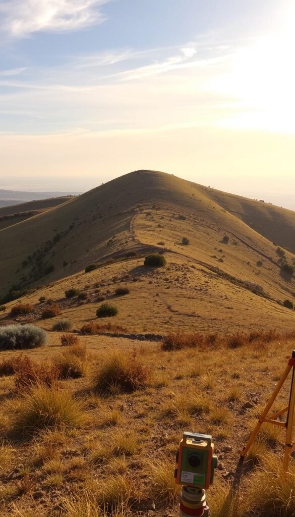 A rolling, sloped landscape stretches out before the viewer, its undulating contours and gradients clearly visible. In the foreground, detailed terrain analysis markers and survey equipment are placed, lending a sense of scientific study to the scene. The middle ground features a varied mix of grass, shrubs, and small trees, their shapes and colors suggesting the complexity of the terrain. In the distance, the slope rises gently, culminating in a horizon line where the sky meets the land. Warm, golden sunlight filters through wispy clouds, casting soft shadows and highlights that accentuate the three-dimensional nature of the landscape. The overall mood is one of careful examination and exploration of the site's unique topographical features.