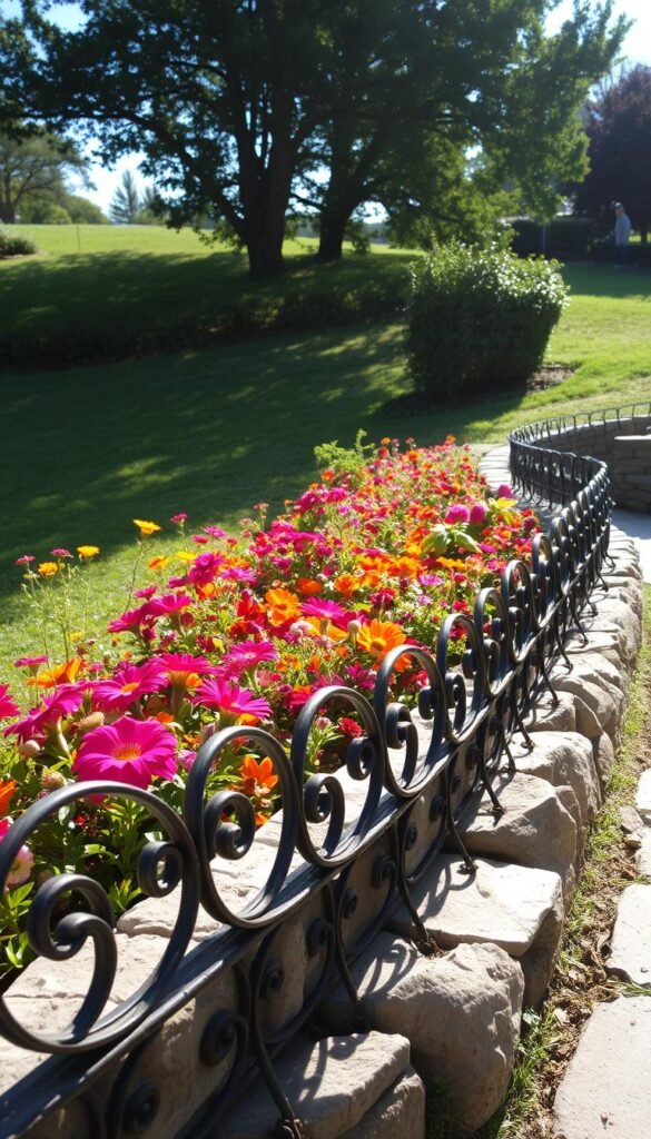 A rugged metal and stone garden border winds gracefully through a lush, verdant landscape. In the foreground, intricate wrought-iron designs intertwine with natural stone slabs, creating a tactile and visually striking edge. The middle ground showcases a mix of vibrant flowering plants, their colors and textures complementing the industrial materials. Sunlight filters through the scene, casting warm, dramatic shadows that accentuate the dimensional qualities of the edging. The background features a gentle slope, with towering trees and shrubs providing a sense of depth and enclosure. This seamless fusion of natural and manmade elements evokes an atmosphere of rustic charm and earthy sophistication.