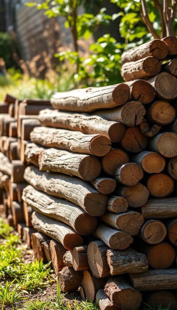 A rustic arrangement of sturdy, weathered wooden logs stacked neatly to form a charming garden edging. The logs, in varying shades of brown and gray, are precisely positioned to create a natural, organic border. Sunlight filters through the scene, casting warm, gentle shadows that accentuate the textural details of the wood. The background is slightly blurred, focusing the viewer's attention on the beautiful craftsmanship of the log edging. This image exudes a sense of timeless, earthy elegance that would complement a lush, verdant garden setting.