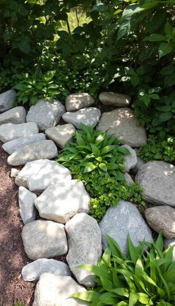 A rustic garden border made of natural stone, lying nestled among lush greenery. The stones are weathered and uneven, their surfaces textured with the marks of time. Soft-edged shapes and earthy tones create a harmonious, organic composition. Dappled sunlight filters through the canopy above, casting gentle shadows and highlighting the stones' unique character. The overall scene exudes a sense of timelessness and a connection to the natural world, inviting the viewer to pause and appreciate the beauty of simple, natural materials in garden design.
