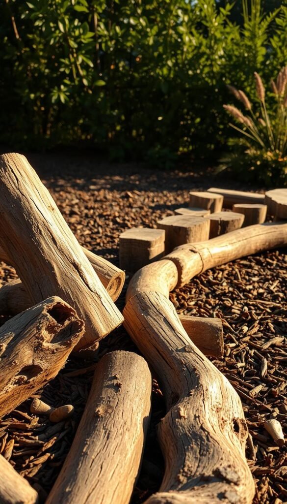 A rustic garden border of natural logs and weathered timber edging, casting warm shadows across a bed of mulch. The foreground features irregularly shaped logs, their bark textures and knots adding visual interest. In the middle ground, rough-hewn timber planks are arranged in a curving pattern, their edges softened by time. The background hints at lush greenery, with the gentle interplay of dappled sunlight and shadow creating a serene, naturalistic ambiance. Realistic lighting simulates a golden hour glow, emphasizing the organic materials and their tactile qualities. A wide-angle lens captures the border's full composition, conveying a sense of depth and balance within the garden setting.