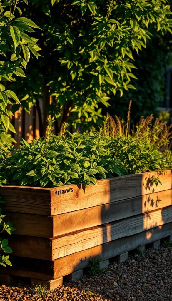 A rustic garden design featuring a raised bed constructed from weathered railway sleepers, surrounded by lush, verdant foliage. The sleepers are stacked in a visually appealing manner, casting dramatic shadows that add depth and texture to the scene. The background is blurred, placing the focus on the intricate details of the sleepers and the thriving plants. Warm, golden sunlight filters through the leaves, creating a serene and inviting atmosphere. The overall composition conveys a sense of timeless, natural beauty, seamlessly blending the man-made and the organic. A perfect representation of the allure of railway sleepers in a charming garden setting.