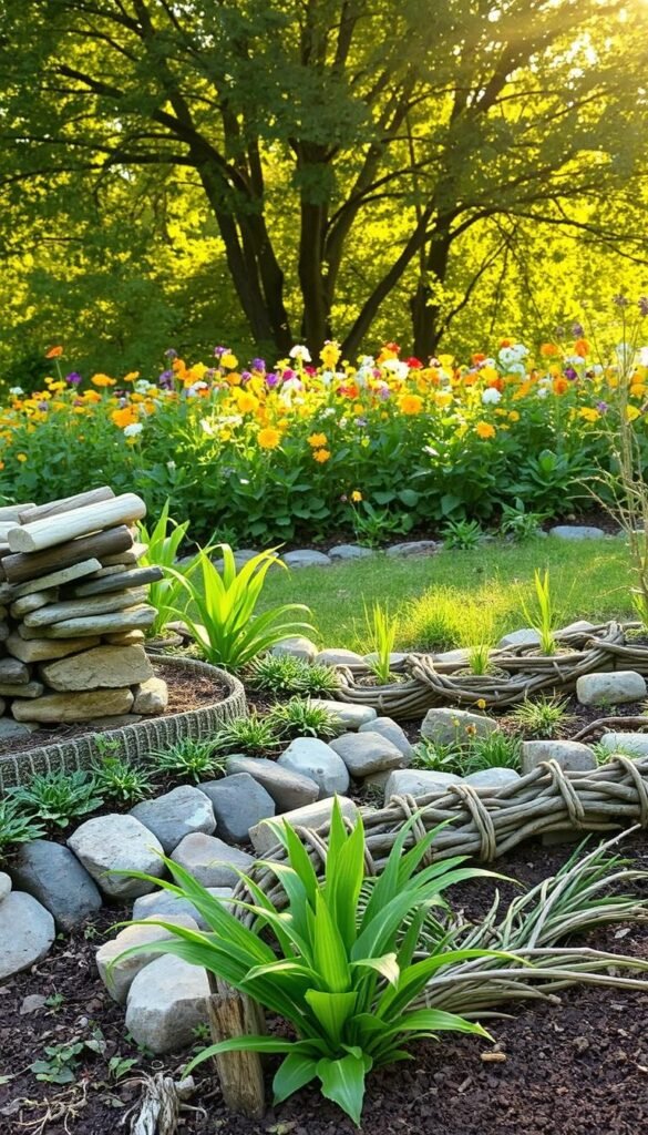 A rustic garden scene with DIY garden edging techniques showcased in the foreground. In the middle ground, a variety of repurposed and natural materials are used to create visually appealing borders, such as stacked stones, wooden logs, and woven branches. The background features a lush, verdant flower bed, bathed in warm, golden sunlight filtering through a canopy of leafy trees. The overall composition conveys a sense of harmony, creativity, and a connection to nature, perfectly capturing the essence of the "DIY Garden Edges with Natural and Repurposed Materials" section.