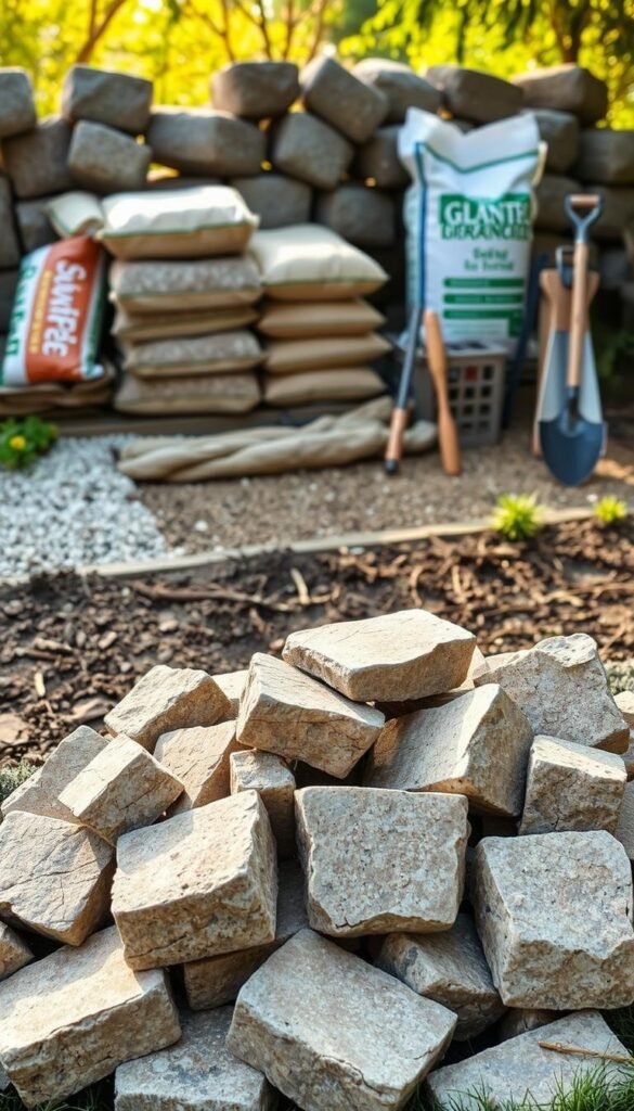 A rustic outdoor scene showcasing a variety of DIY stone garden bed materials. In the foreground, a pile of rough-hewn limestone blocks, their natural textures and earthy tones evoking the beauty of the landscape. In the middle ground, neatly stacked bags of gravel and sand, the essential building blocks for a sturdy garden bed foundation. Farther back, a selection of gardening tools - a spade, a trowel, and a level - stand ready to assist in the construction process. Warm, diffused sunlight filters through the scene, casting gentle shadows and highlighting the tactile quality of the materials. The overall atmosphere is one of calm, focused preparation - a tranquil prelude to the rewarding task of building a lasting, natural-looking raised garden bed.