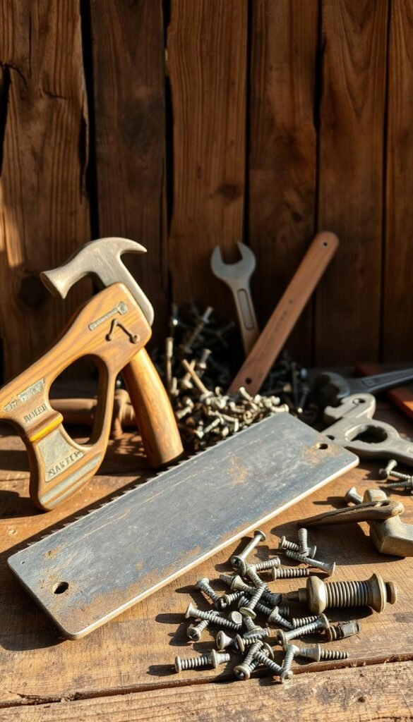 A rustic still life of reclaimed wood tools, bathed in warm, natural lighting. In the foreground, a weathered hand saw, its blade glinting, rests atop a worn workbench. Beside it, a vintage claw hammer and an aged wrench, their patina speaking of past labors. In the middle ground, a collection of repurposed screws, nails, and assorted hardware, hinting at the process of transforming reclaimed materials. The background features a backdrop of rough-hewn wooden planks, their grain and character capturing the essence of the tools' origins. The overall mood is one of craftsmanship, sustainability, and the beauty found in the repurposing of once-discarded items. A rustic still life of reclaimed wood tools, bathed in warm, natural lighting. In the foreground, a weathered hand saw, its blade glinting, rests atop a worn workbench. Beside it, a vintage claw hammer and an aged wrench, their patina speaking of past labors. In the middle ground, a collection of repurposed screws, nails, and assorted hardware, hinting at the process of transforming reclaimed materials. The background features a backdrop of rough-hewn wooden planks, their grain and character capturing the essence of the tools' origins. The overall mood is one of craftsmanship, sustainability, and the beauty found in the repurposing of once-discarded items.